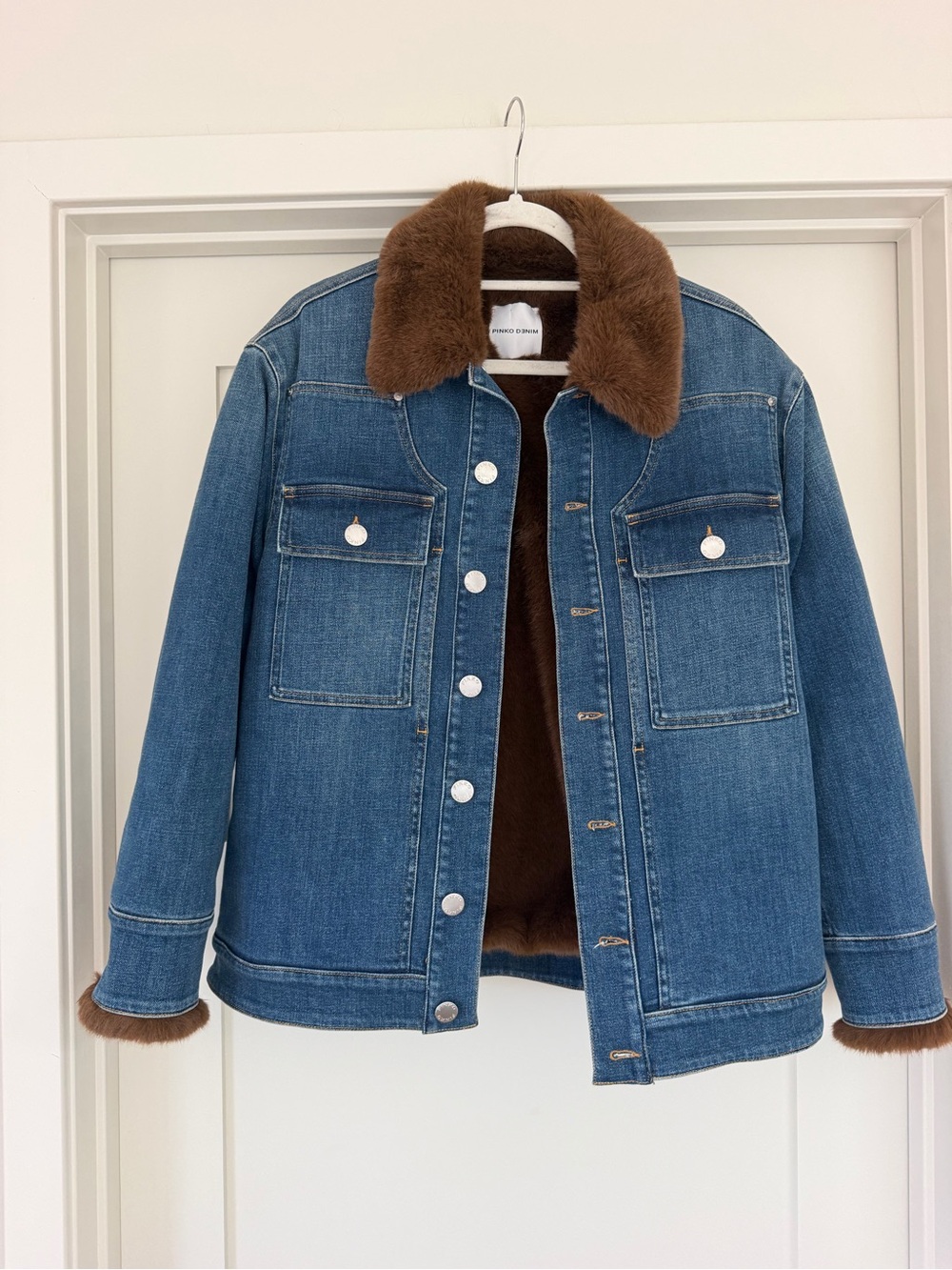 Pinko Denim Jacket Faux Fur Lining & Collar Size Small